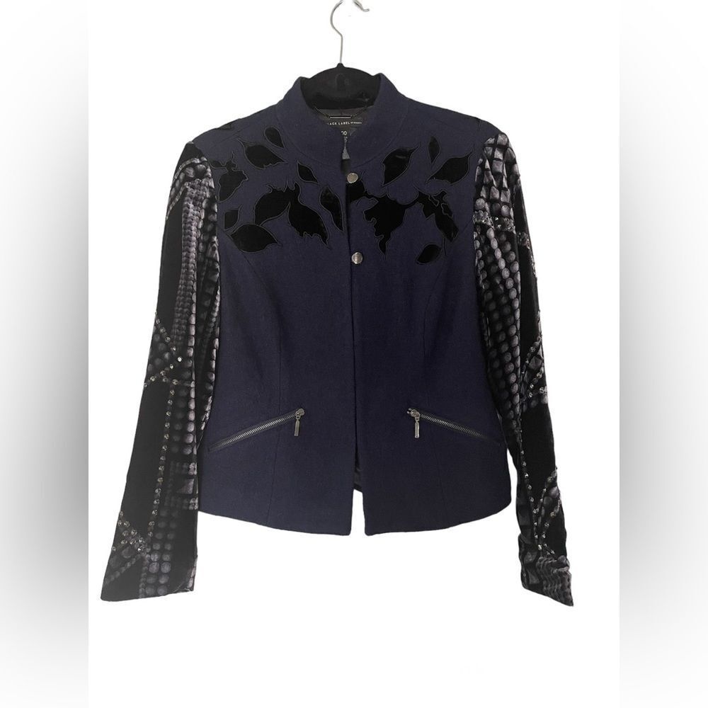 Chico's Black Label Wool Blend Studded Navy & Black Blazer Jacket SZ XS/2 Preppy